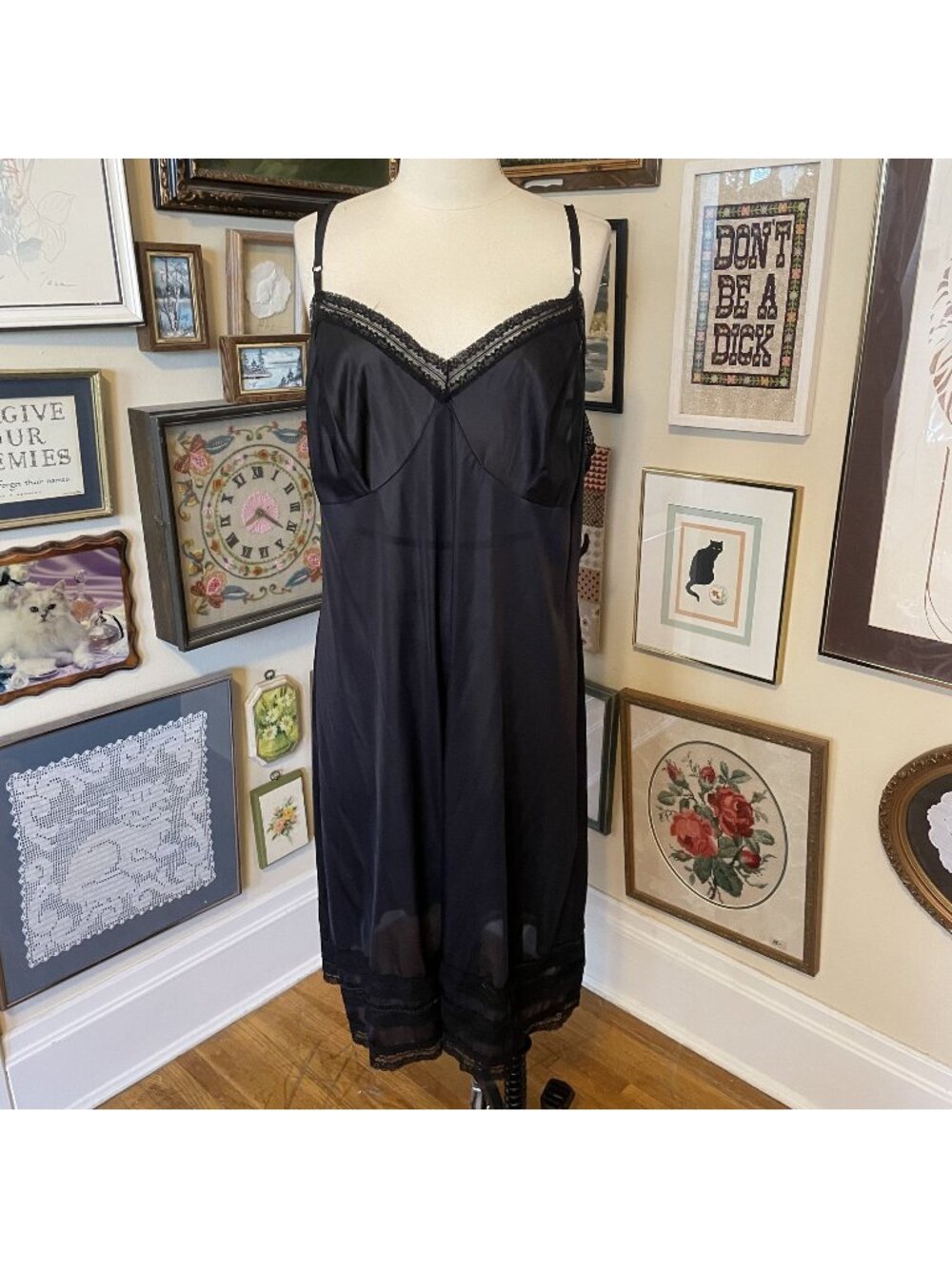 80s Vintage Jenelle Black Lace-Trimmed Slip Dress With Adjustable Straps Size 48